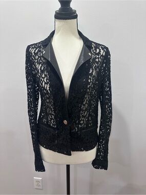 The Kooples Black Floral Lace Leather Blazer Womens Jacket Size Small NWOT
